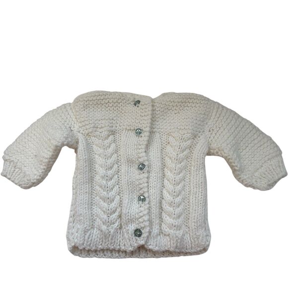 Handmade Cable Knit Baby Sweater Cardigan White Blue Buttons Newborn 0-3M EUC - Picture 1 of 10
